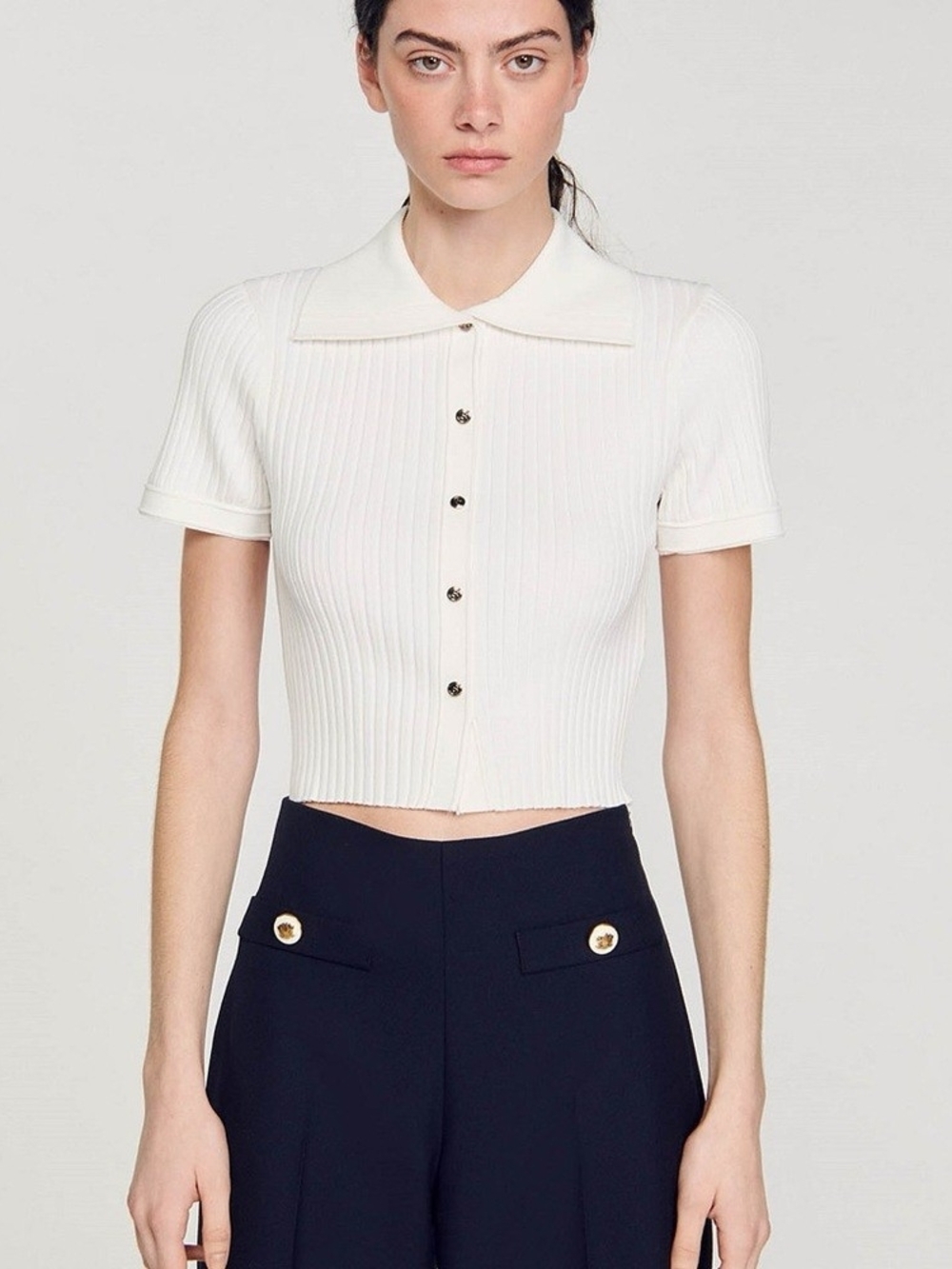 Sandro Cream Ribbed Short-Sleeve Button-Down Top Sz Fr 2